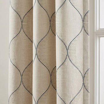 Blue Geometric Embroidered Linen Curtains, Natural Oatmeal Trellis Panels — image 1