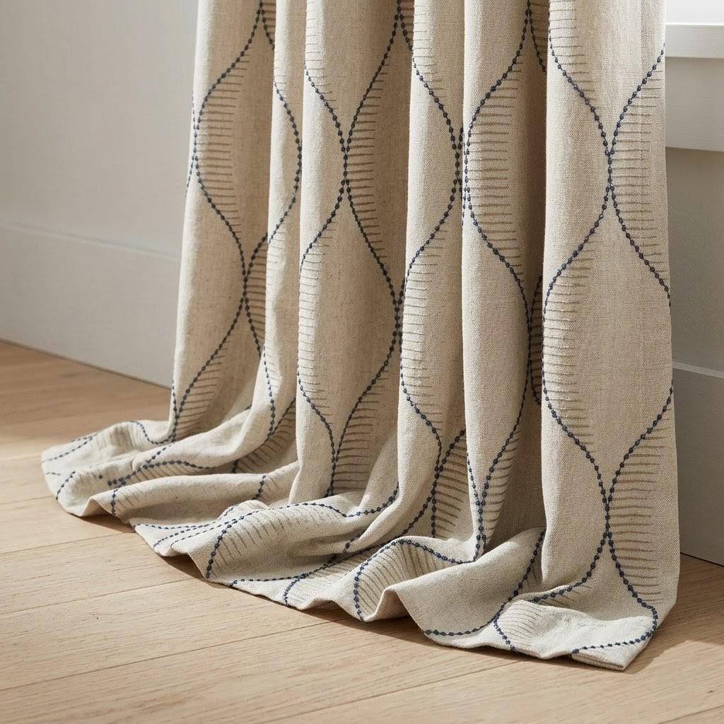 Blue Geometric Embroidered Linen Curtains, Natural Oatmeal Trellis Panels — image 4