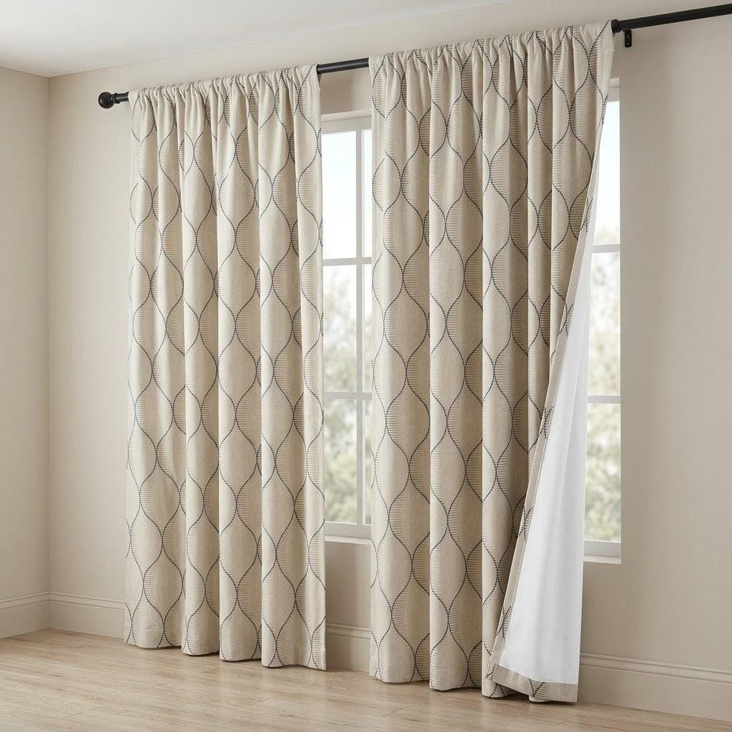 Blue Geometric Embroidered Linen Curtains, Natural Oatmeal Trellis Panels — image 9