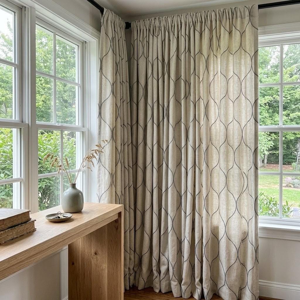 Blue Geometric Embroidered Linen Curtains, Natural Oatmeal Trellis Panels — image 3