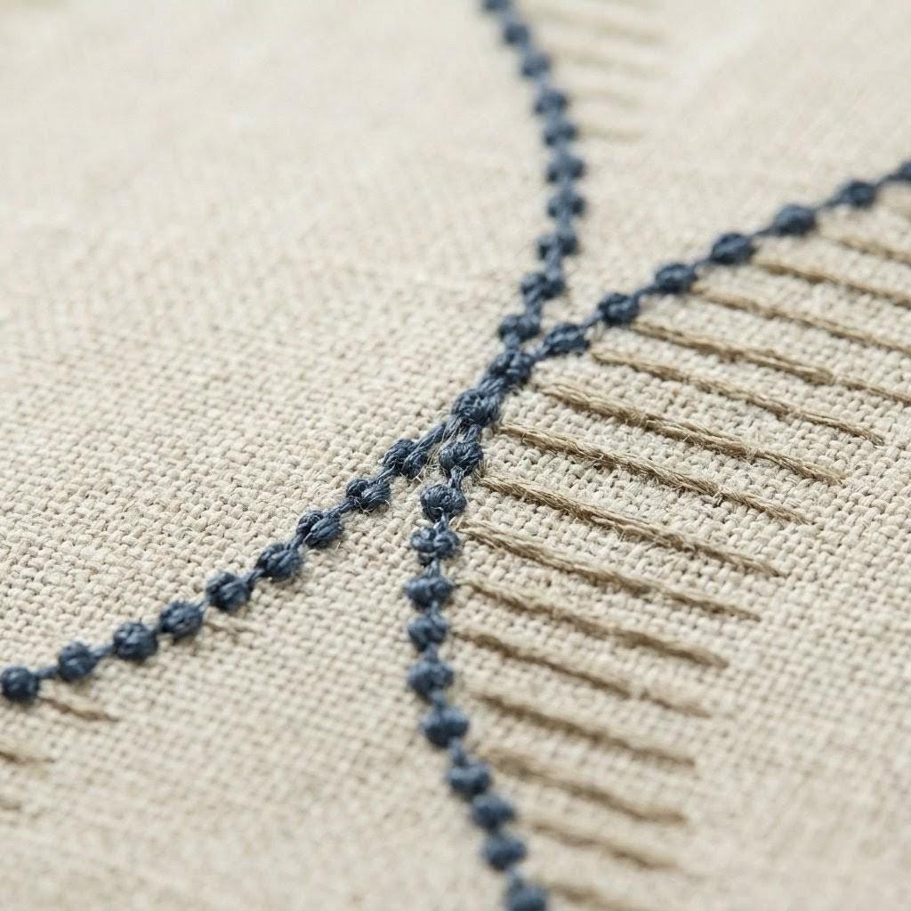 Blue Geometric Embroidered Linen Curtains, Natural Oatmeal Trellis Panels — image 10