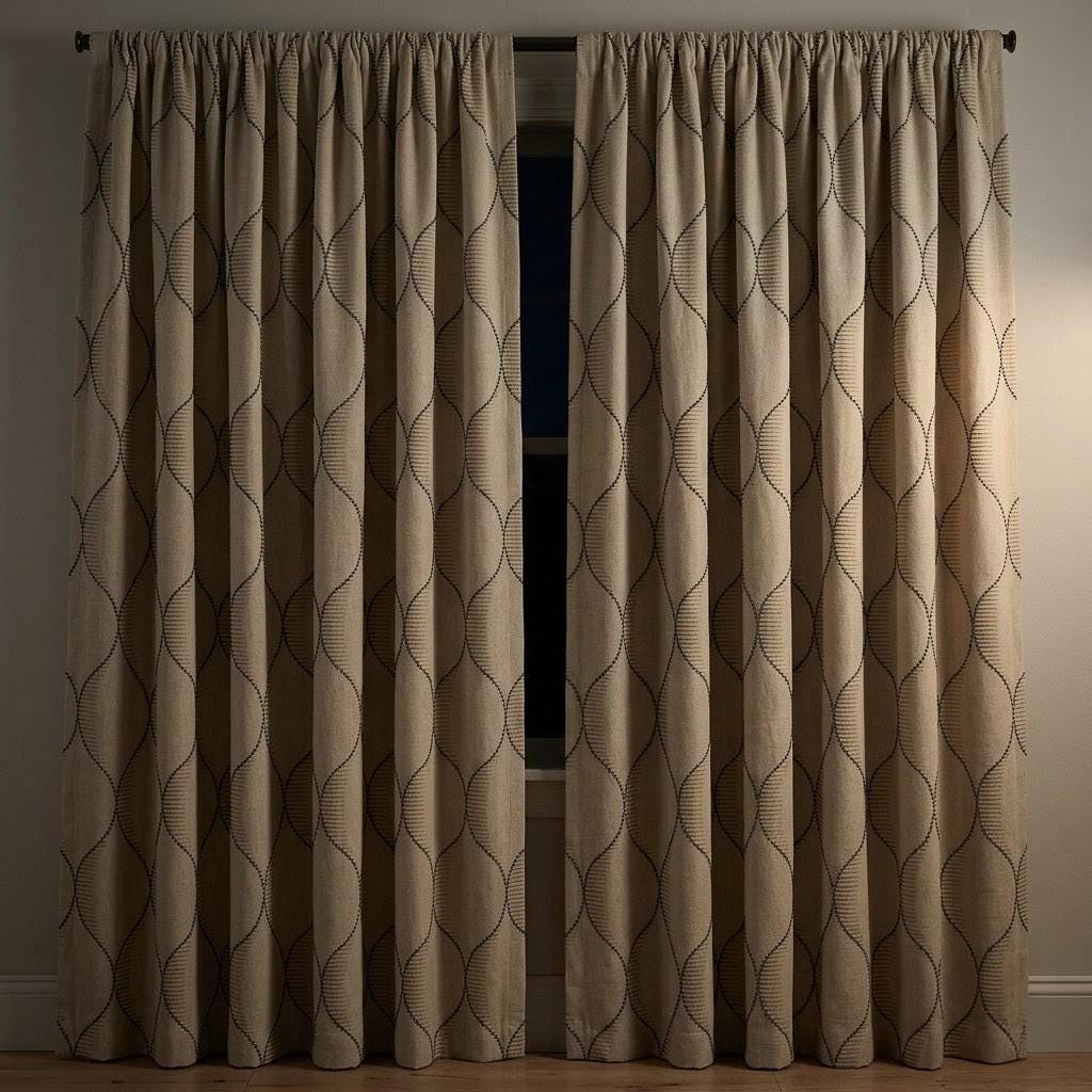 Blue Geometric Embroidered Linen Curtains, Natural Oatmeal Trellis Panels — image 7