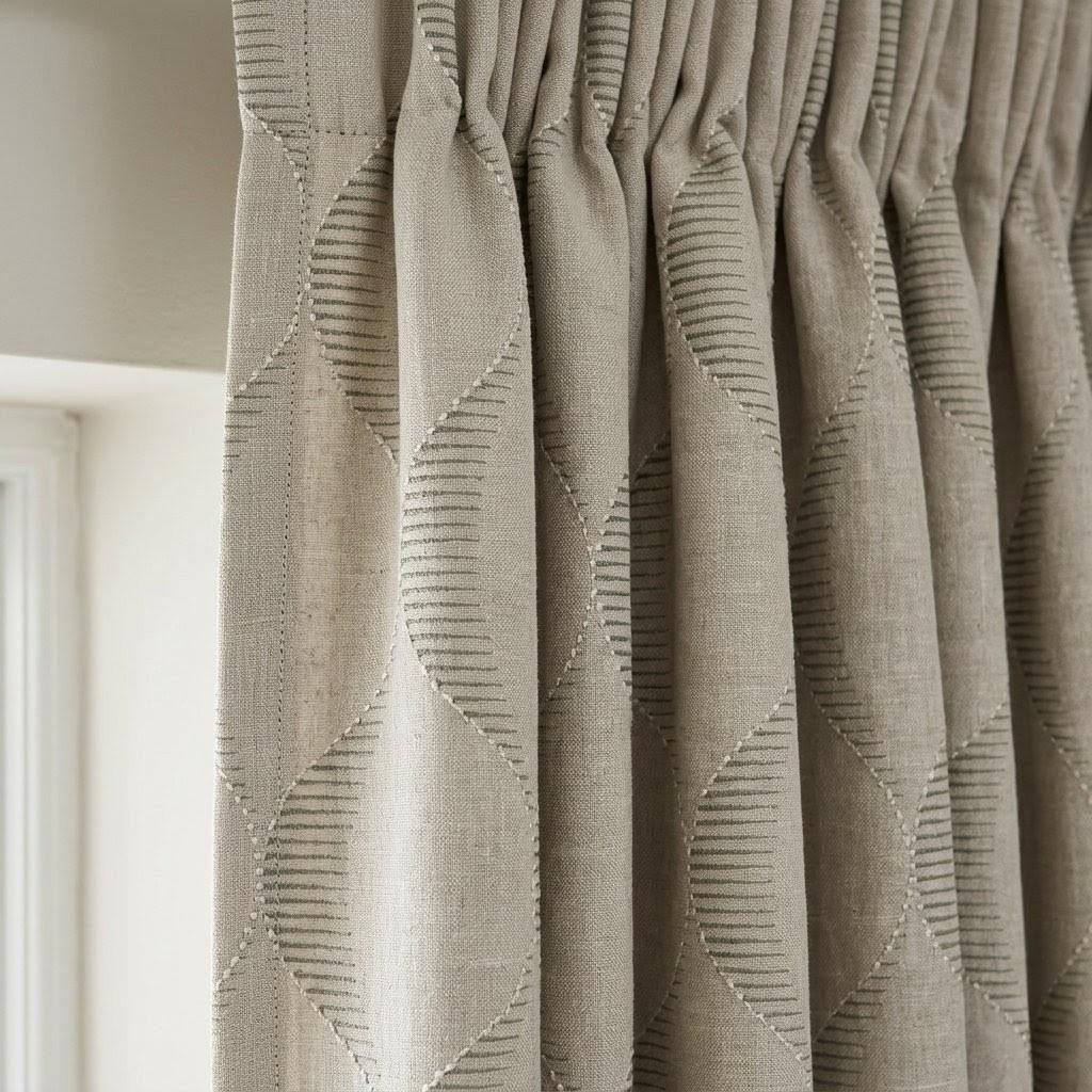 Oatmeal Beige Linen Curtains, Ivory Geometric Ogee Trellis Embroidery Panels — image 3