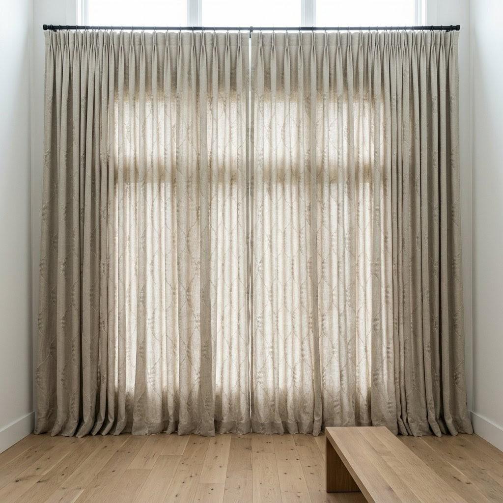 Oatmeal Beige Linen Curtains, Ivory Geometric Ogee Trellis Embroidery Panels — image 9