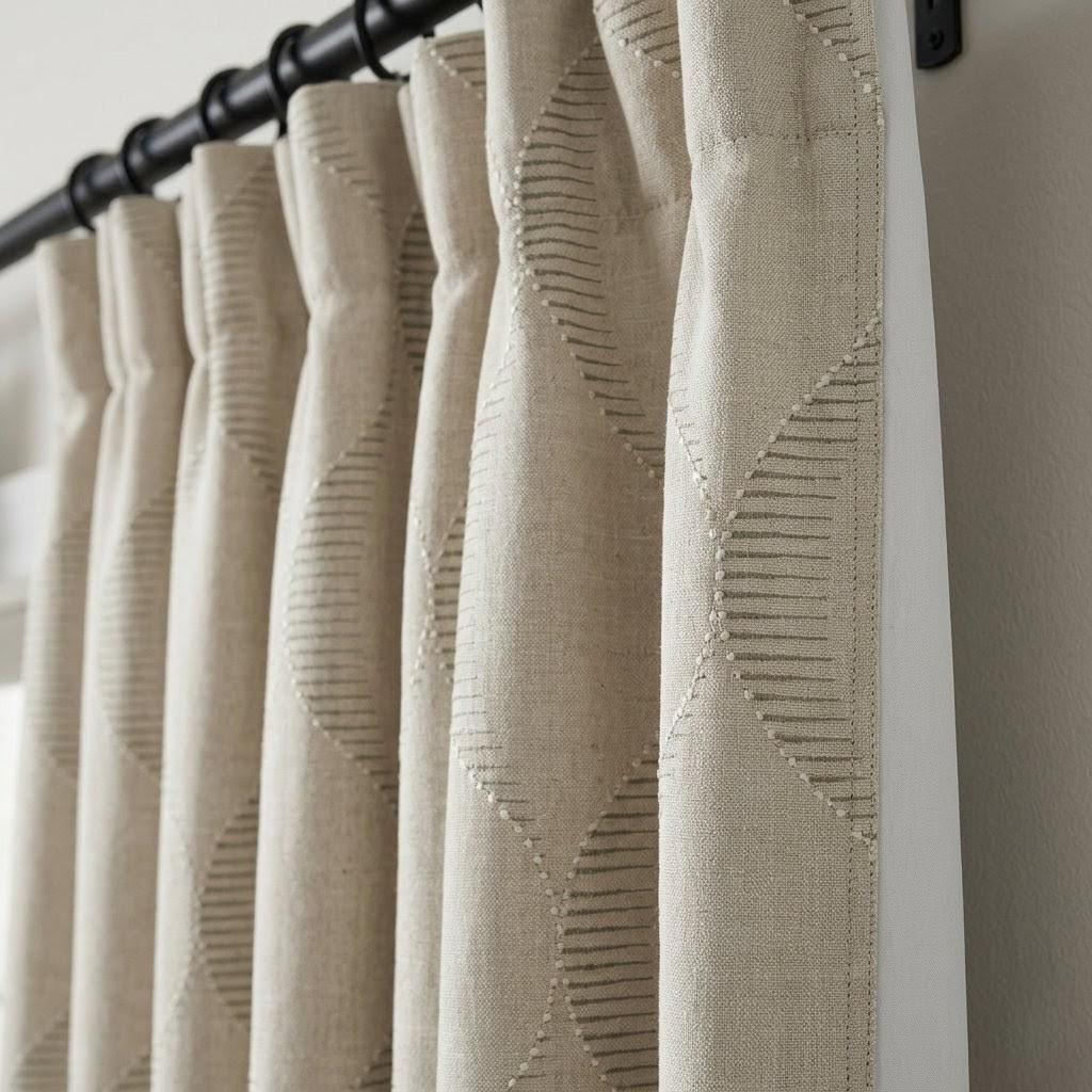 Oatmeal Beige Linen Curtains, Ivory Geometric Ogee Trellis Embroidery Panels — image 7