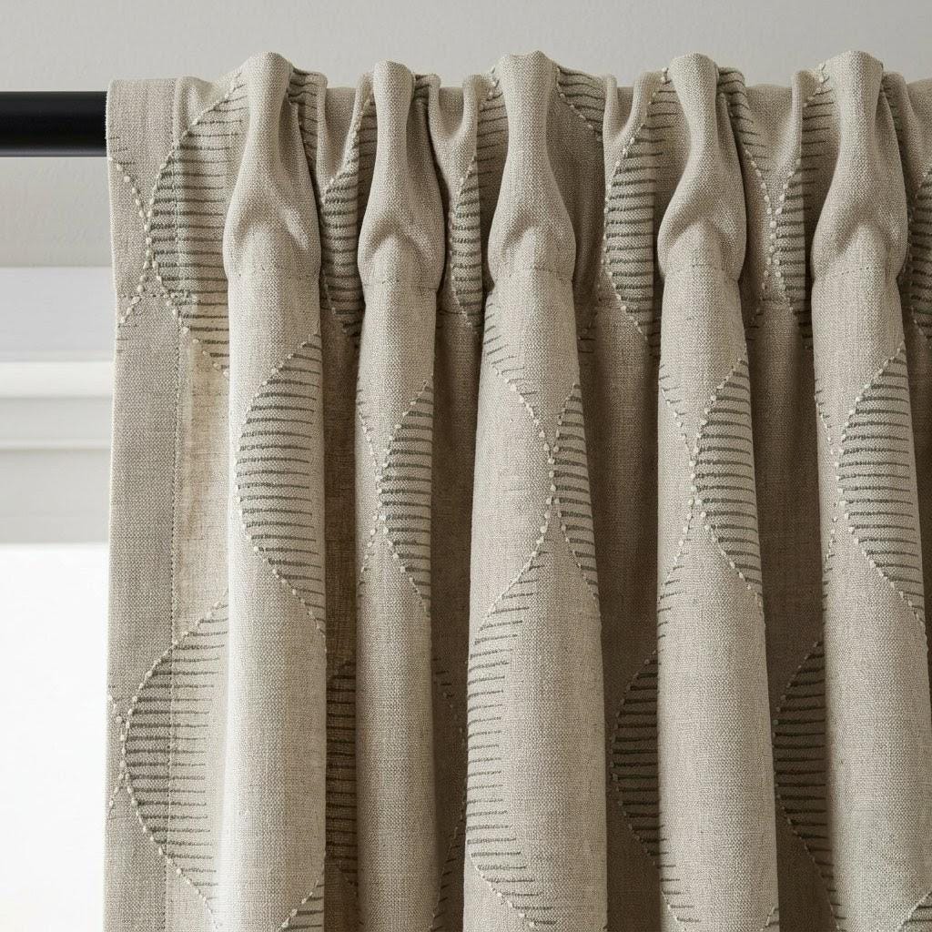 Oatmeal Beige Linen Curtains, Ivory Geometric Ogee Trellis Embroidery Panels — image 6
