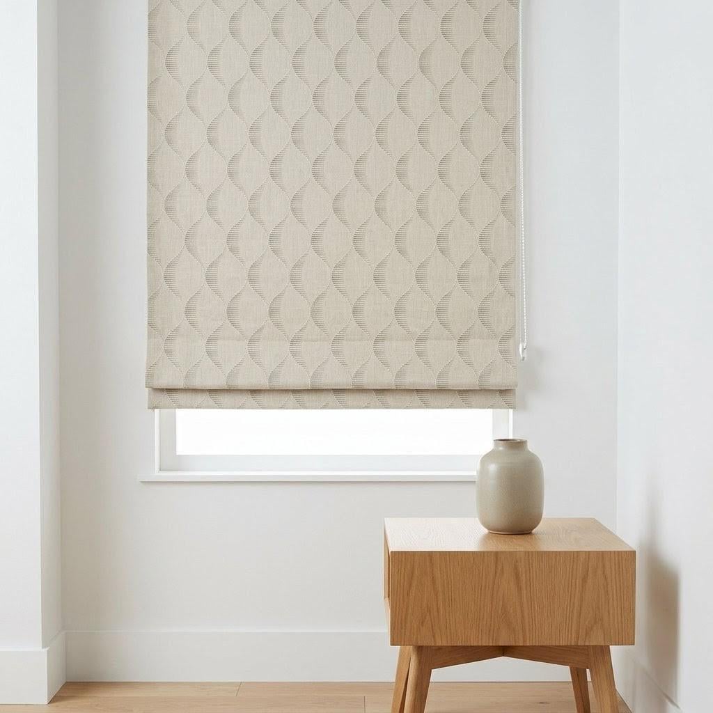 Beige Taupe Embroidered Linen Roman Shade, Custom Ogee Window Blind, Tone on Tone Weave — image 6