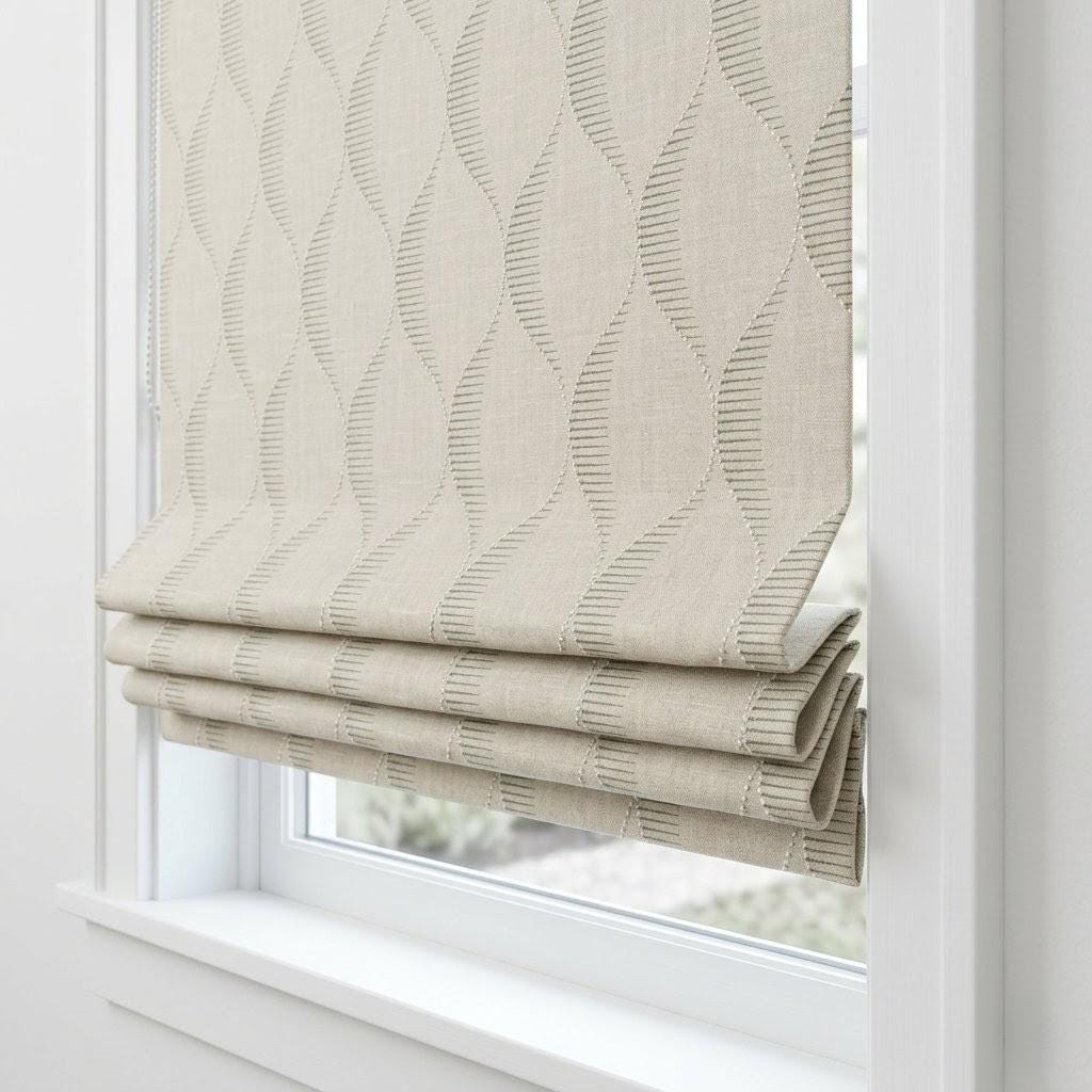 Beige Taupe Embroidered Linen Roman Shade, Custom Ogee Window Blind, Tone on Tone Weave — image 3