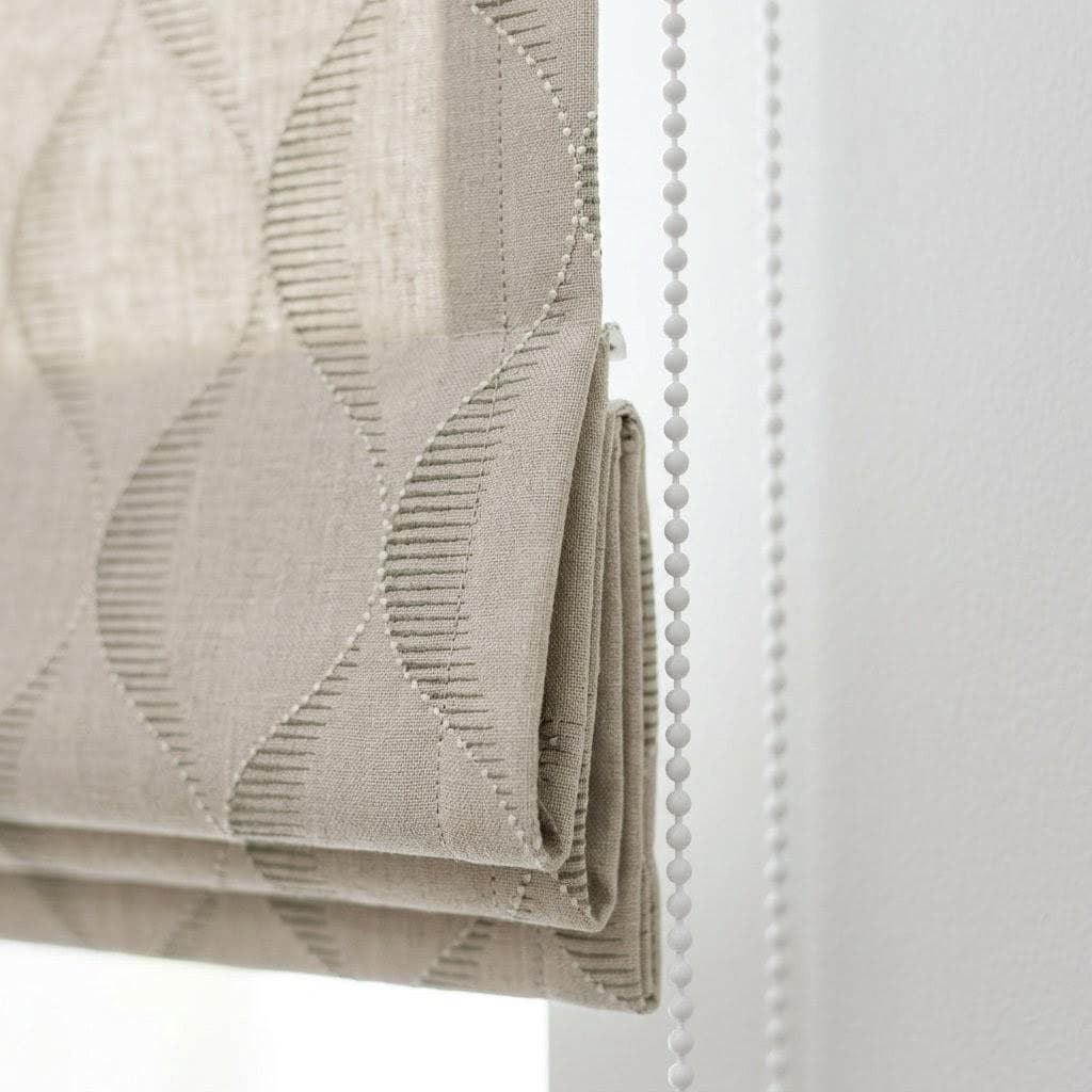 Beige Taupe Embroidered Linen Roman Shade, Custom Ogee Window Blind, Tone on Tone Weave — image 9