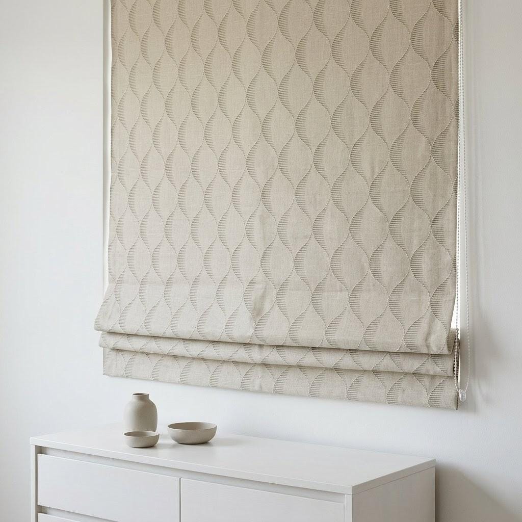 Beige Taupe Embroidered Linen Roman Shade, Custom Ogee Window Blind, Tone on Tone Weave — image 7