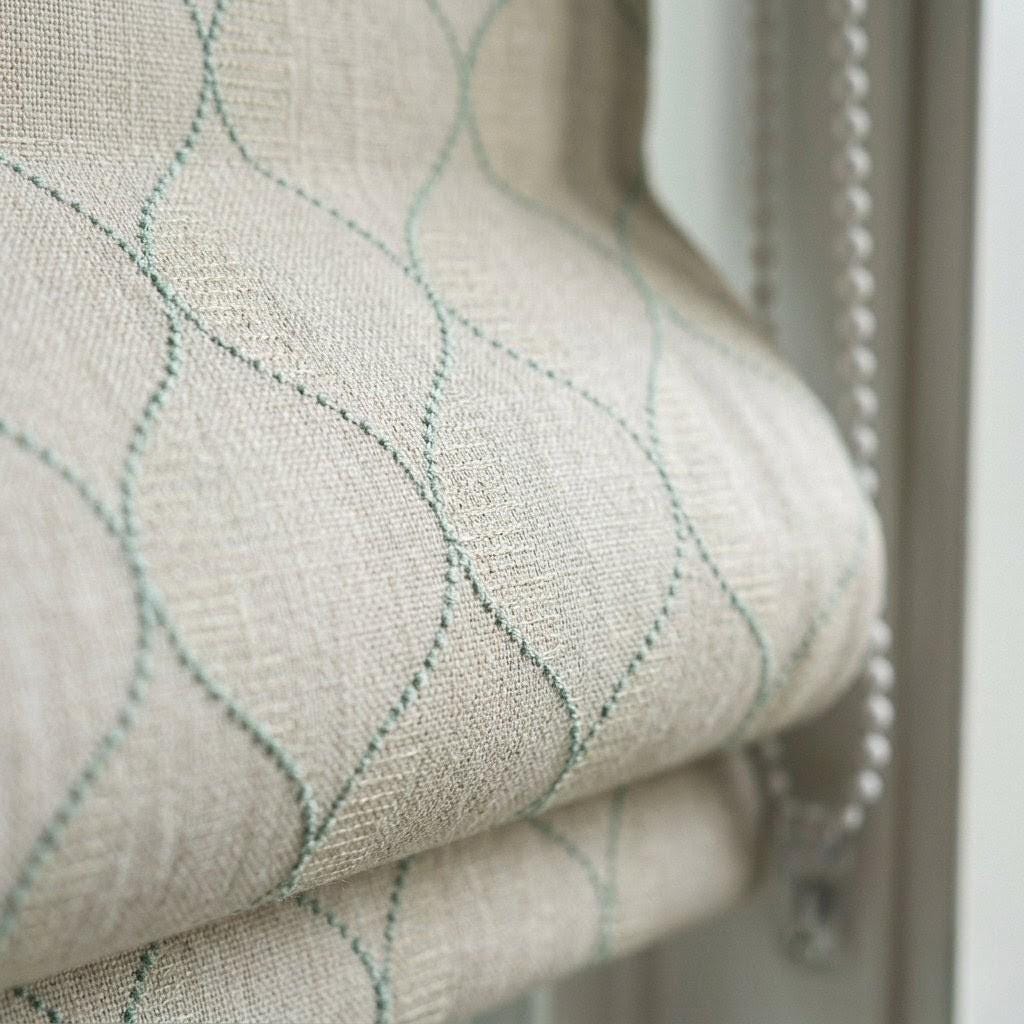 Embroidered Linen Roman Shade, Sage Green Ogee Wave Custom Blind — image 1