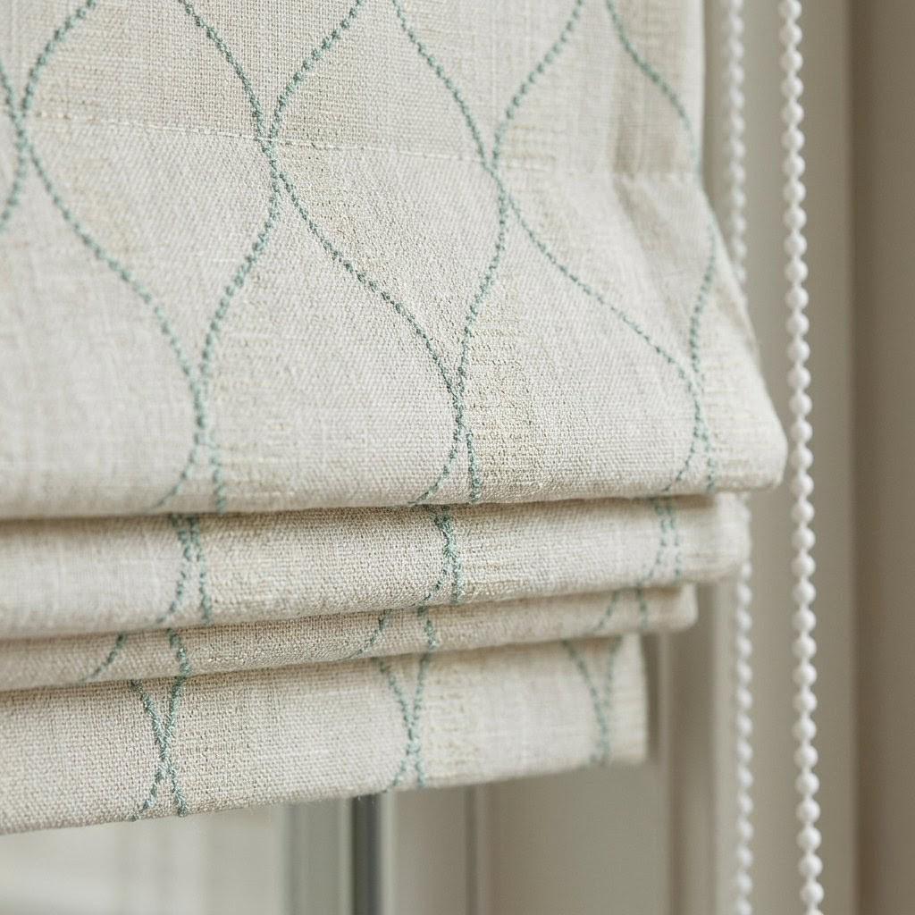 Embroidered Linen Roman Shade, Sage Green Ogee Wave Custom Blind — image 1