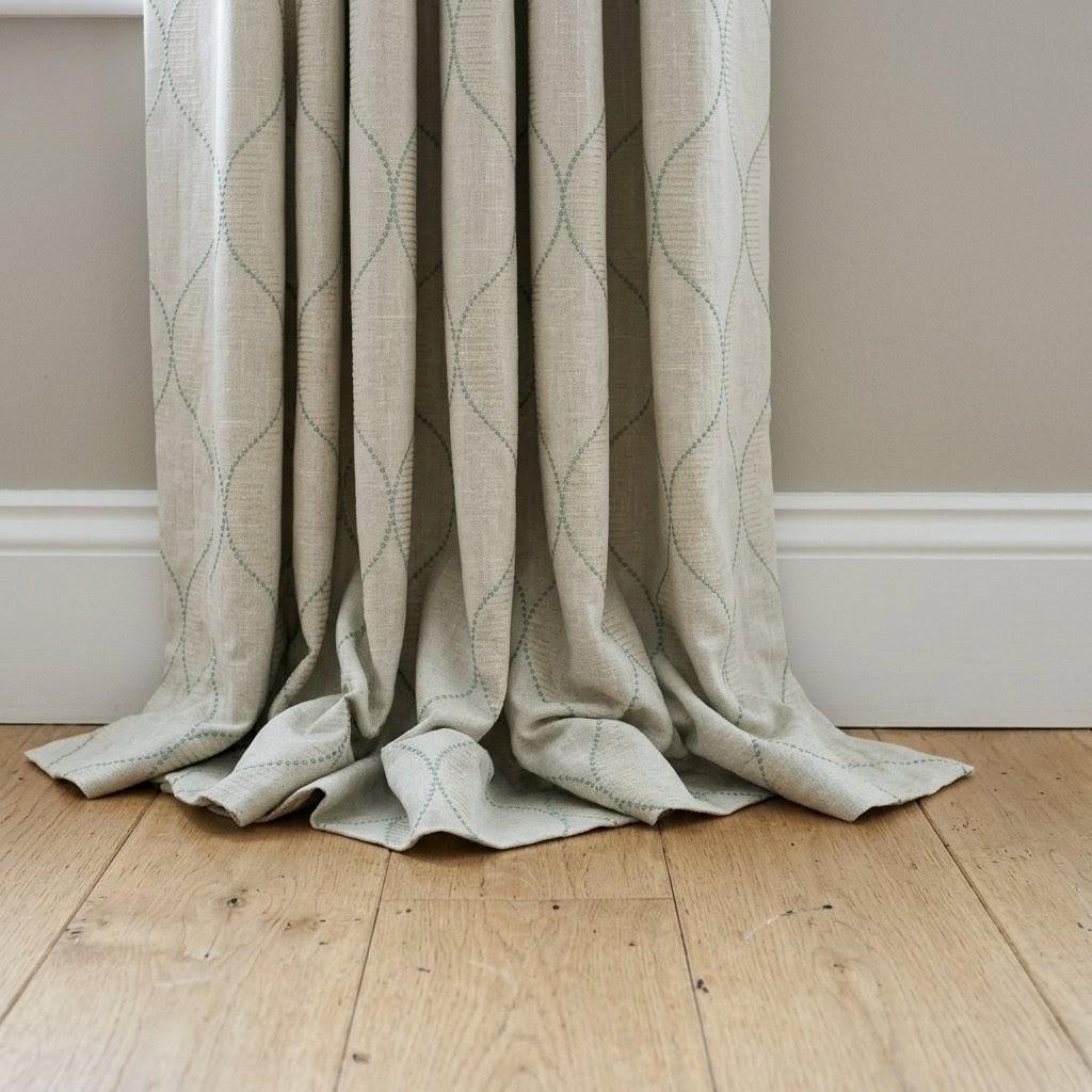 Sage Green Geometric Embroidered Linen Curtains, Oatmeal Beige Trellis Panels — image 6
