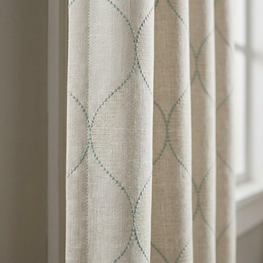 Sage Green Geometric Embroidered Linen Curtains, Oatmeal Beige Trellis Panels — image 1