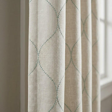 Sage Green Geometric Embroidered Linen Curtains, Oatmeal Beige Trellis Panels — image 1
