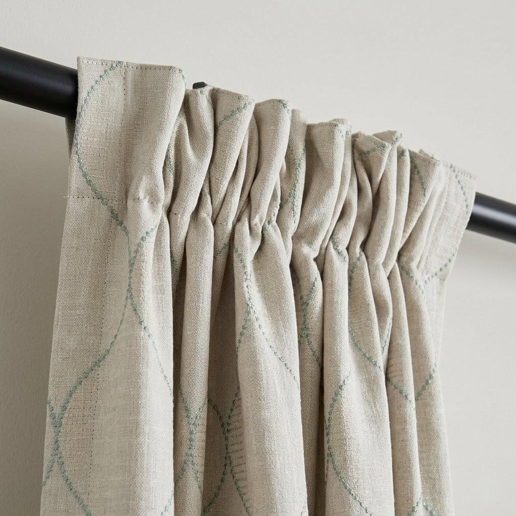 Sage Green Geometric Embroidered Linen Curtains, Oatmeal Beige Trellis Panels — image 3