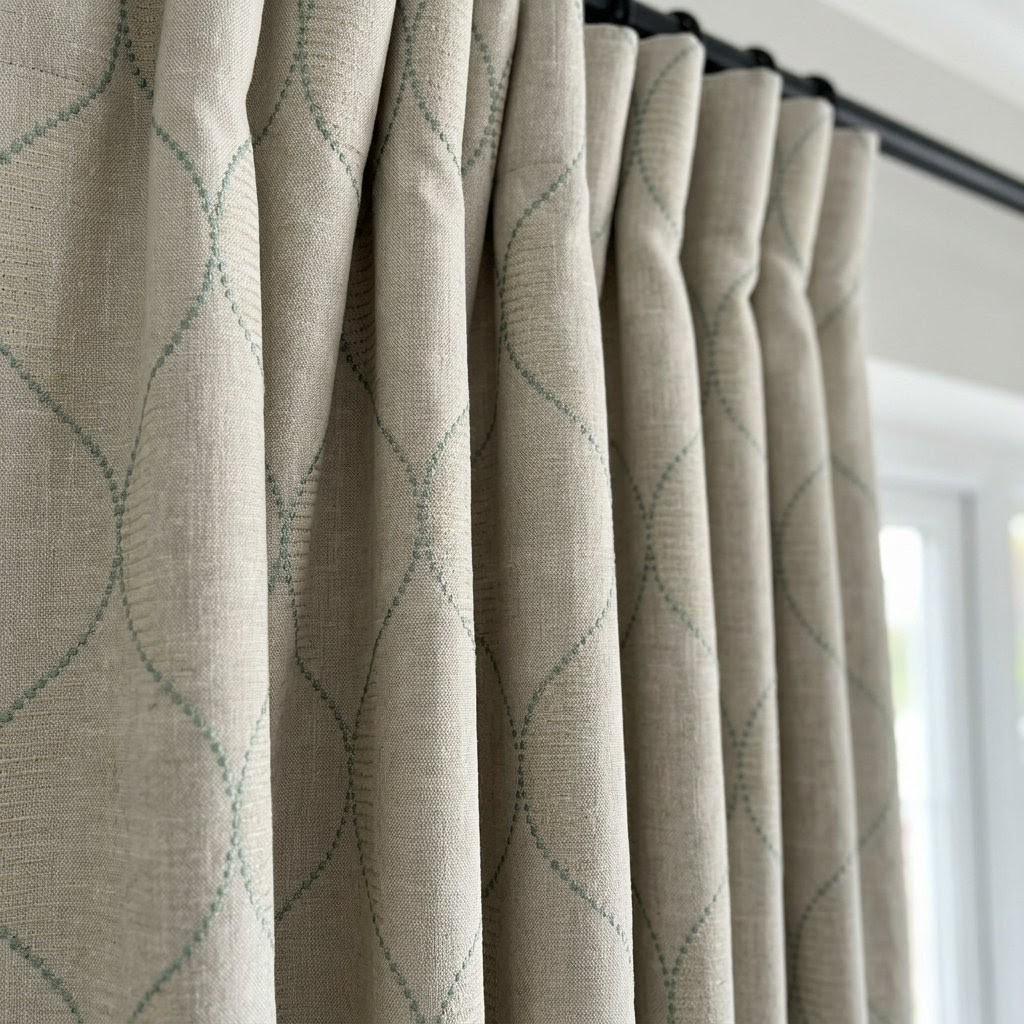 Sage Green Geometric Embroidered Linen Curtains, Oatmeal Beige Trellis Panels — image 8