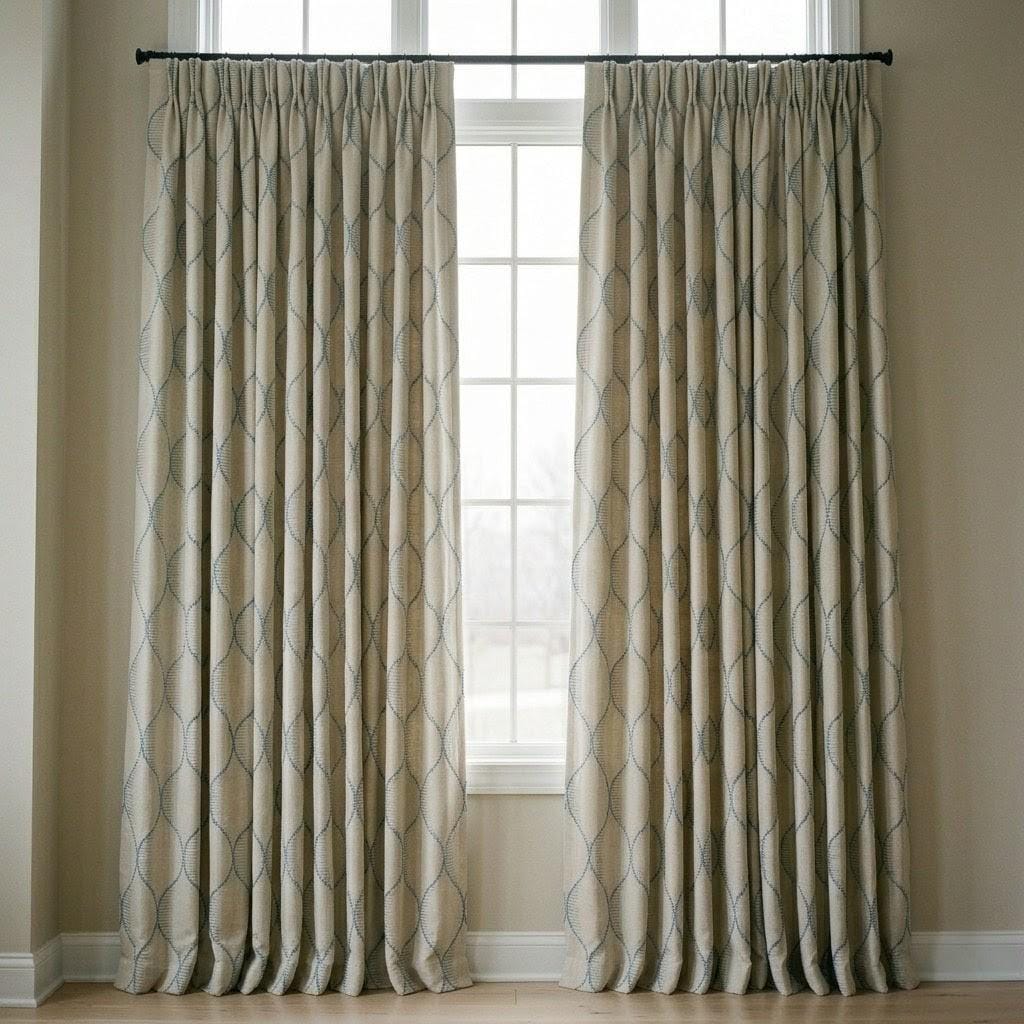 Sky Blue Geometric Embroidered Linen Curtains, Beige Ogee Trellis Panels — image 3