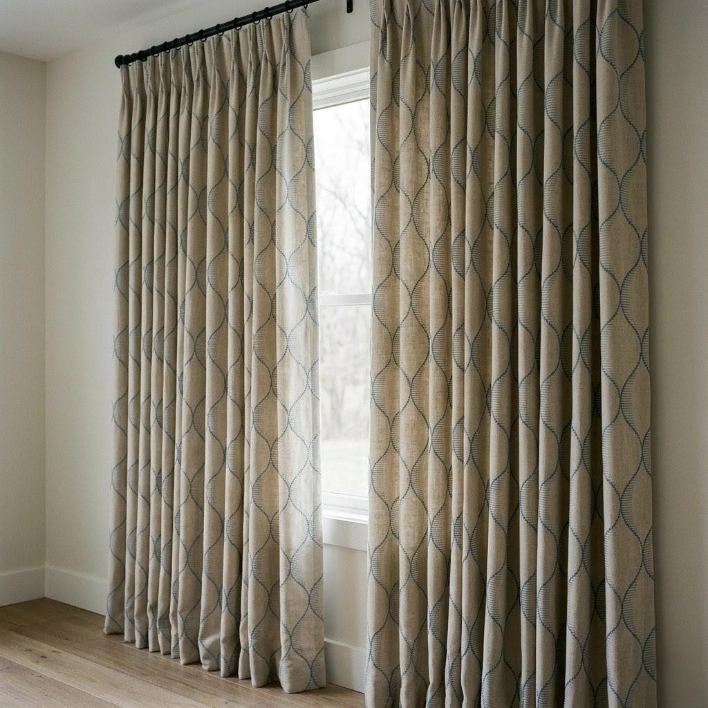 Sky Blue Geometric Embroidered Linen Curtains, Beige Ogee Trellis Panels — image 4