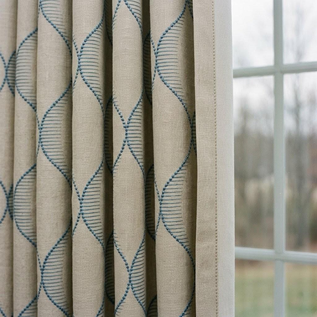 Sky Blue Geometric Embroidered Linen Curtains, Beige Ogee Trellis Panels — image 6