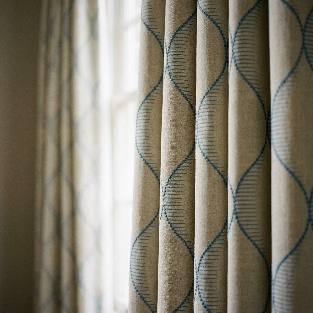 Sky Blue Geometric Embroidered Linen Curtains, Beige Ogee Trellis Panels — image 2
