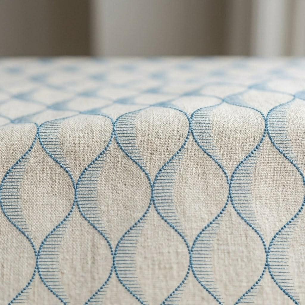 Sky Blue Geometric Embroidered Linen Curtains, Beige Ogee Trellis Panels — image 10