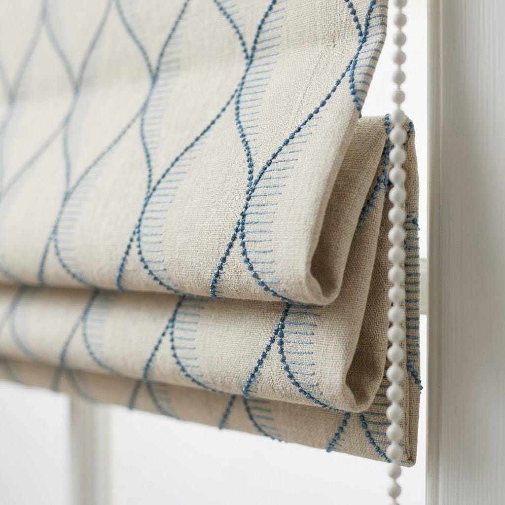 Embroidered Linen Roman Shade, Sky Blue Ogee Wave Custom Window Blind — image 1