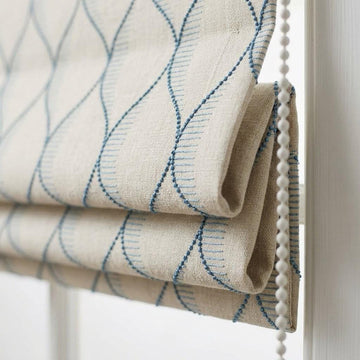 Embroidered Linen Roman Shade, Sky Blue Ogee Wave Custom Window Blind — image 1