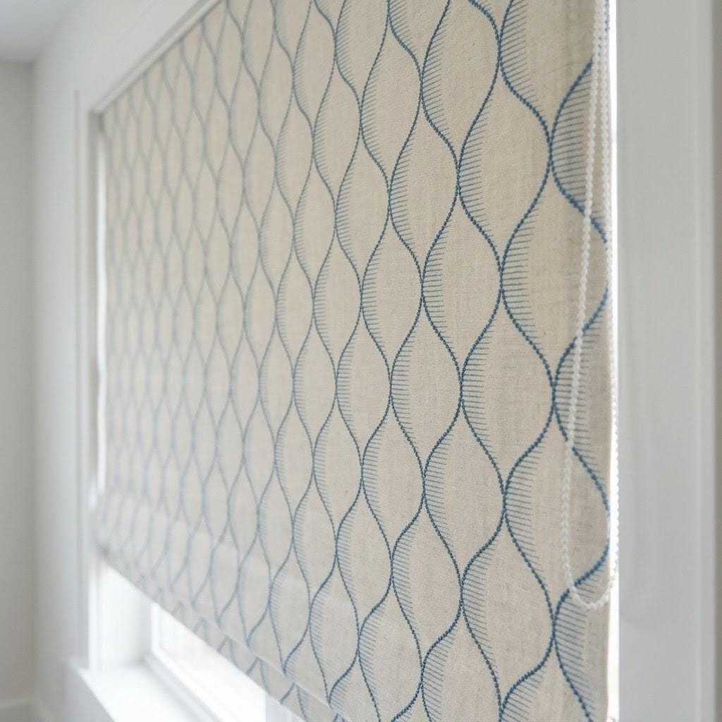 Embroidered Linen Roman Shade, Sky Blue Ogee Wave Custom Window Blind — image 7