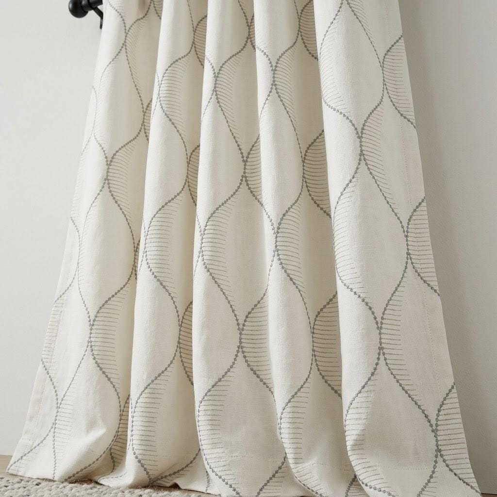 Ivory Linen Curtains, Geometric Ogee Trellis Embroidery, Cement Grey Drapes — image 5