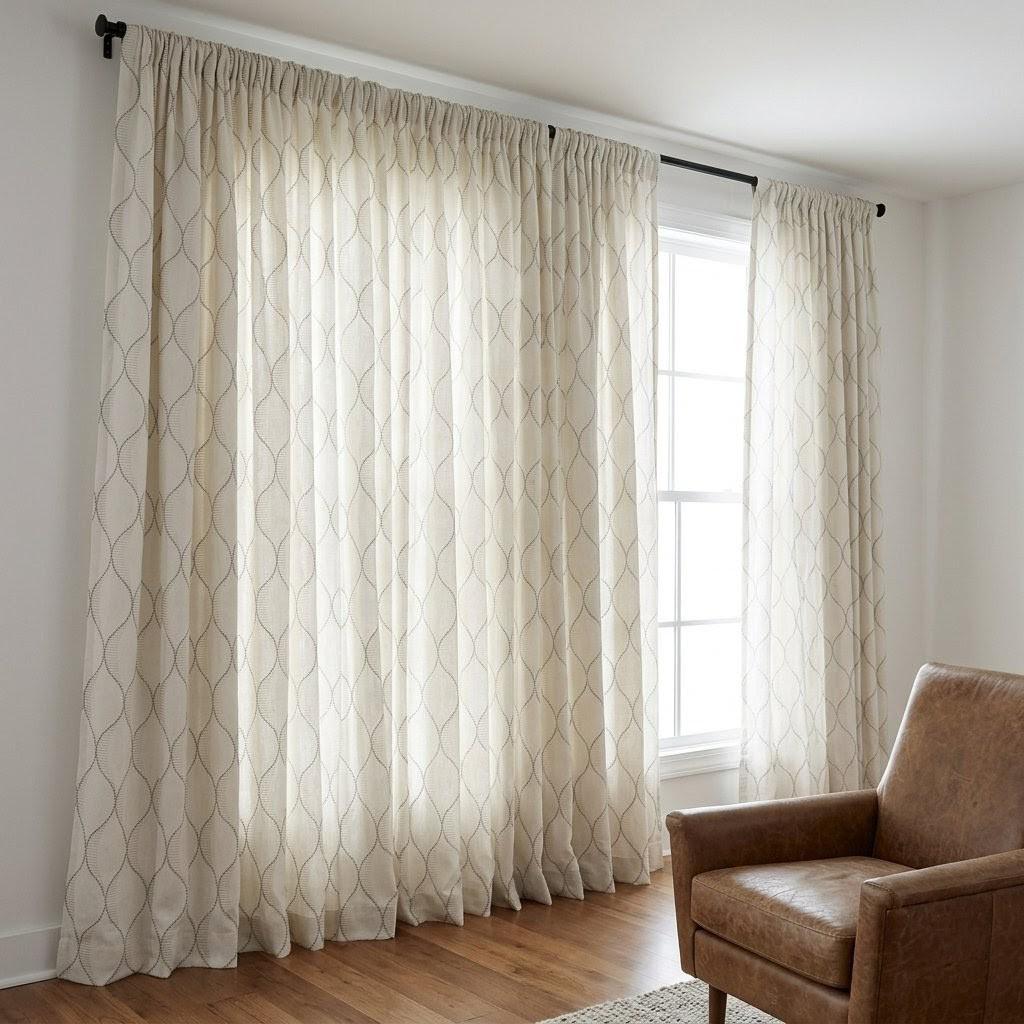 Ivory Linen Curtains, Geometric Ogee Trellis Embroidery, Cement Grey Drapes — image 2