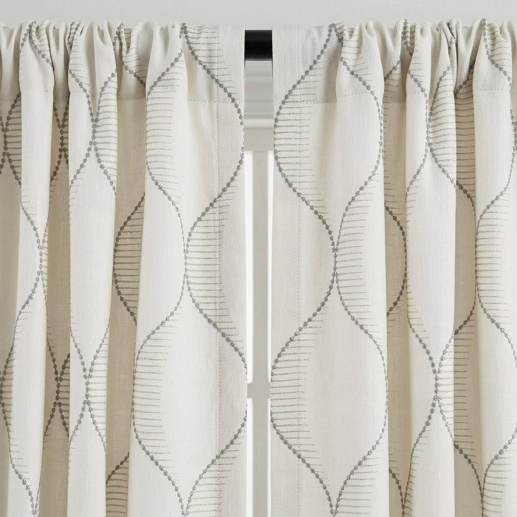 Ivory Linen Curtains, Geometric Ogee Trellis Embroidery, Cement Grey Drapes — image 8