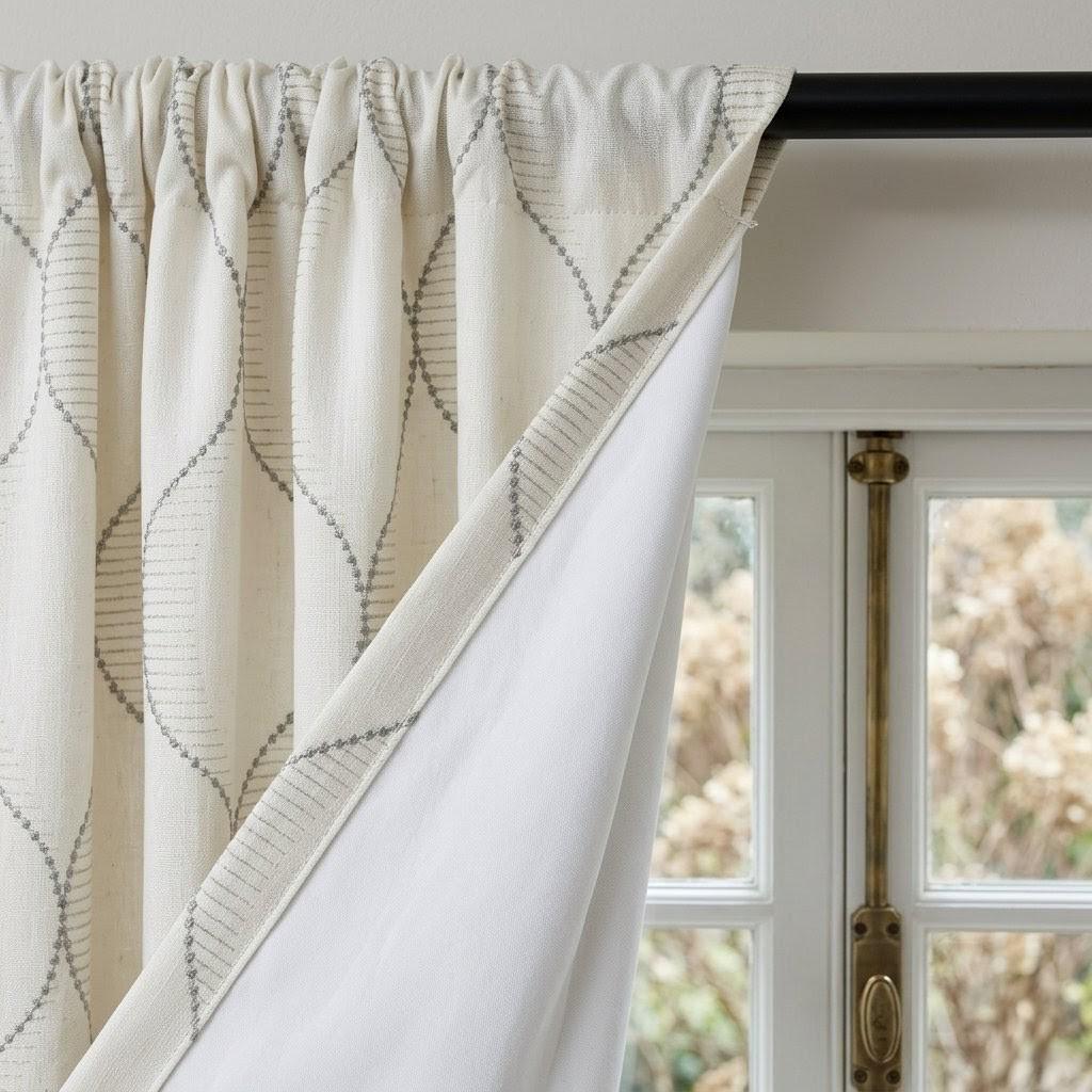 Ivory Linen Curtains, Geometric Ogee Trellis Embroidery, Cement Grey Drapes — image 10