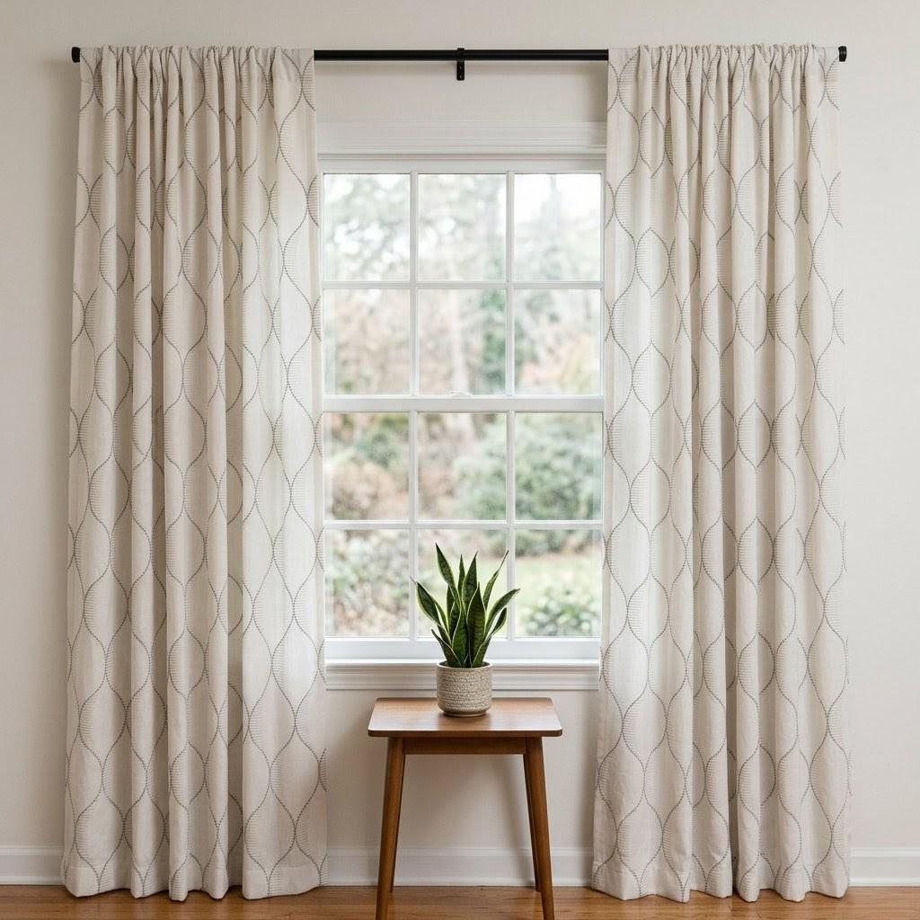 Ivory Linen Curtains, Geometric Ogee Trellis Embroidery, Cement Grey Drapes — image 7
