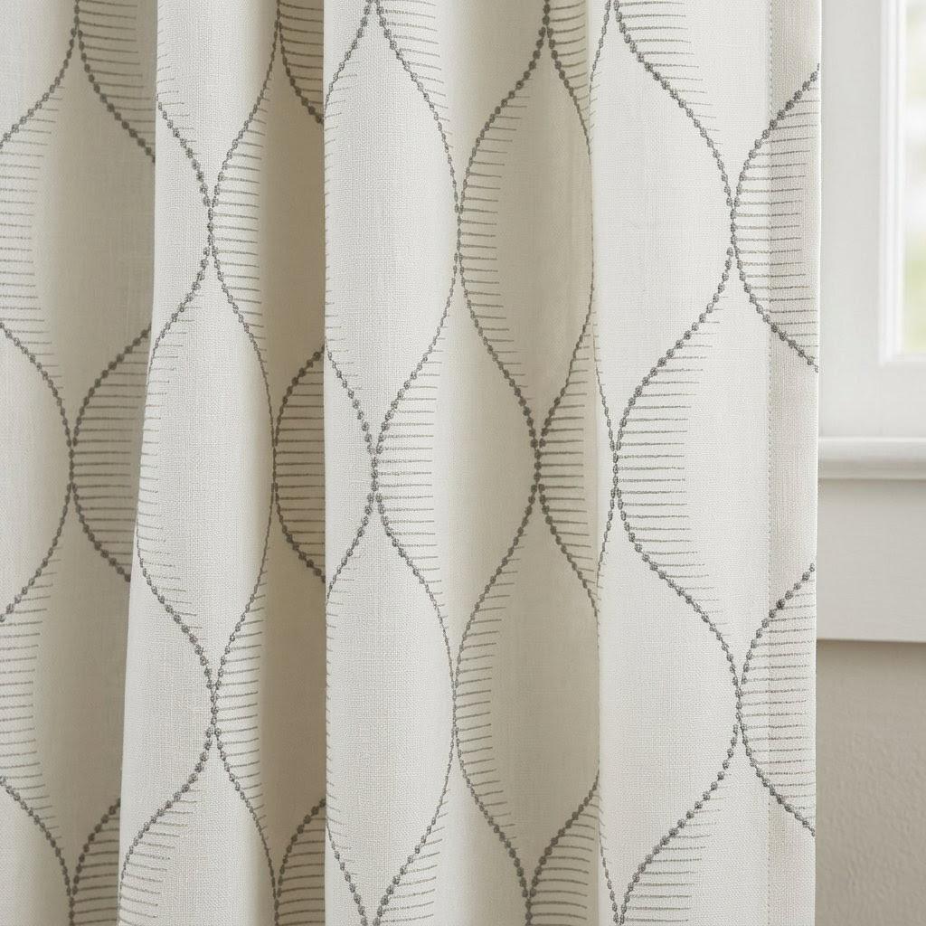 Ivory Linen Curtains, Geometric Ogee Trellis Embroidery, Cement Grey Drapes — image 1