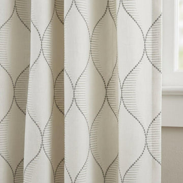 Ivory Linen Curtains, Geometric Ogee Trellis Embroidery, Cement Grey Drapes — image 1