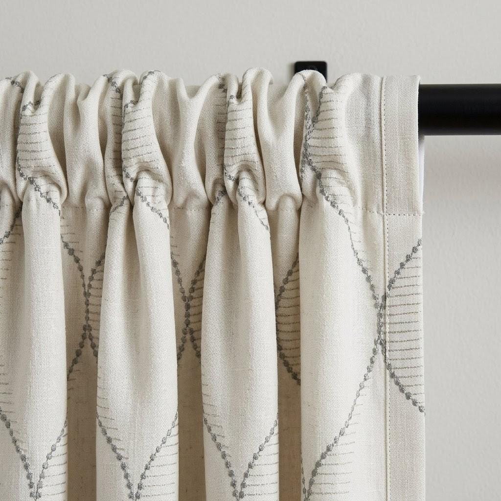 Ivory Linen Curtains, Geometric Ogee Trellis Embroidery, Cement Grey Drapes — image 6