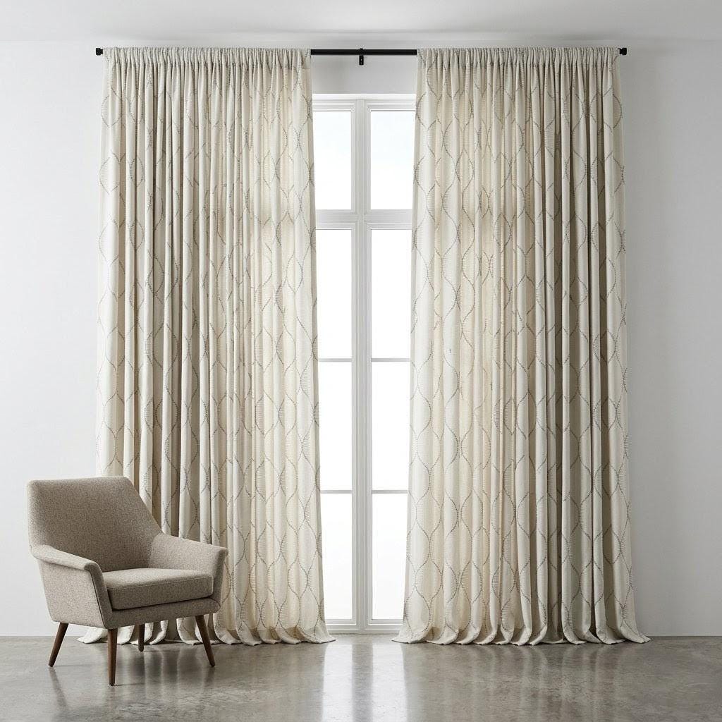 Ivory Linen Curtains, Geometric Ogee Trellis Embroidery, Cement Grey Drapes — image 9