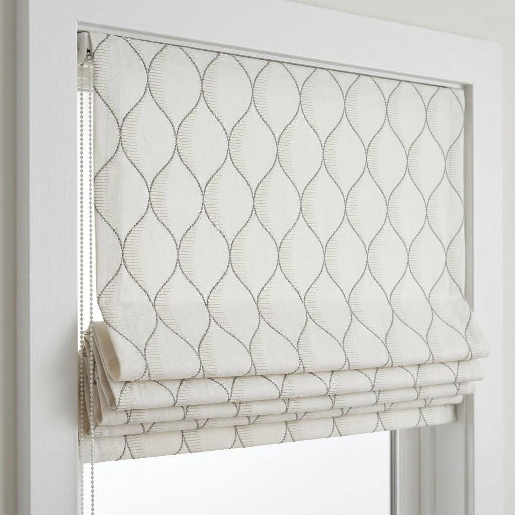 Embroidered Linen Roman Shade, Ogee Trellis Window Blind, Ivory Cement Grey Custom Mount — image 2