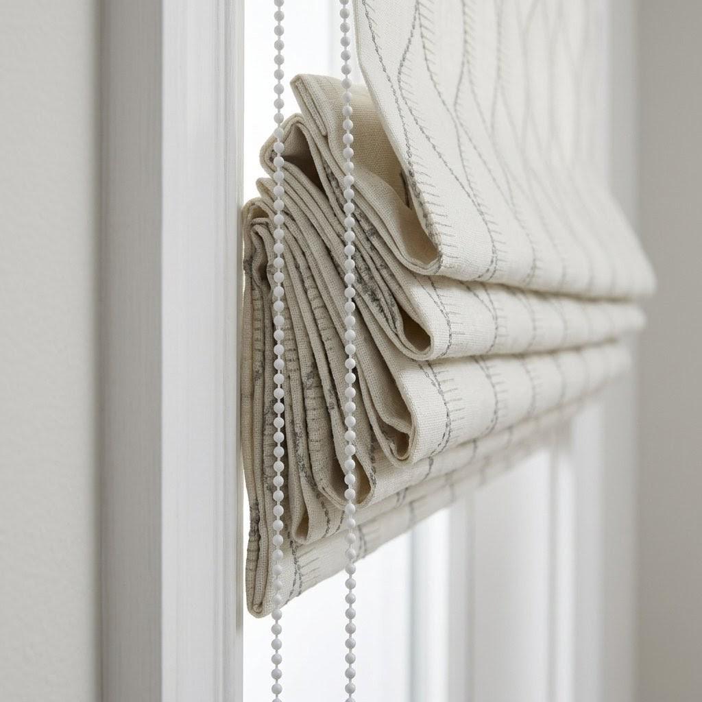 Embroidered Linen Roman Shade, Ogee Trellis Window Blind, Ivory Cement Grey Custom Mount — image 4