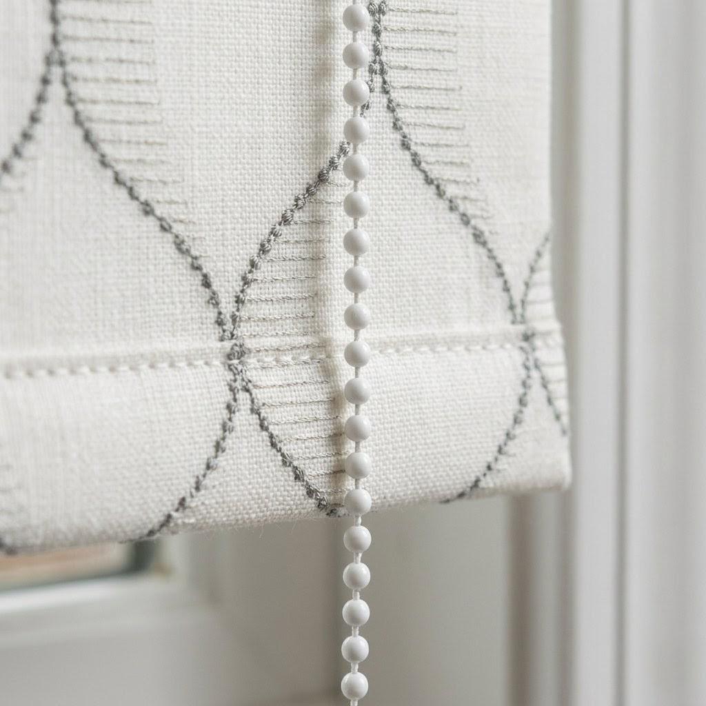 Embroidered Linen Roman Shade, Ogee Trellis Window Blind, Ivory Cement Grey Custom Mount — image 6