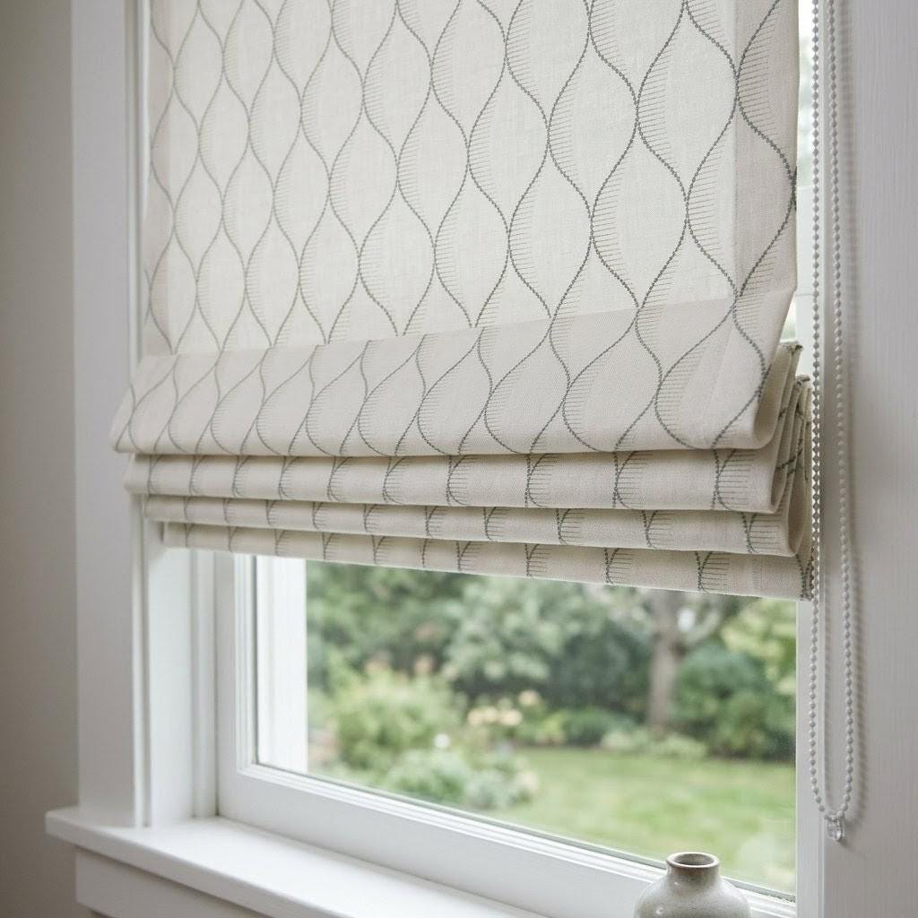 Embroidered Linen Roman Shade, Ogee Trellis Window Blind, Ivory Cement Grey Custom Mount — image 5