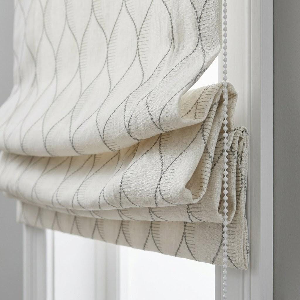 Embroidered Linen Roman Shade, Ogee Trellis Window Blind, Ivory Cement Grey Custom Mount — image 7