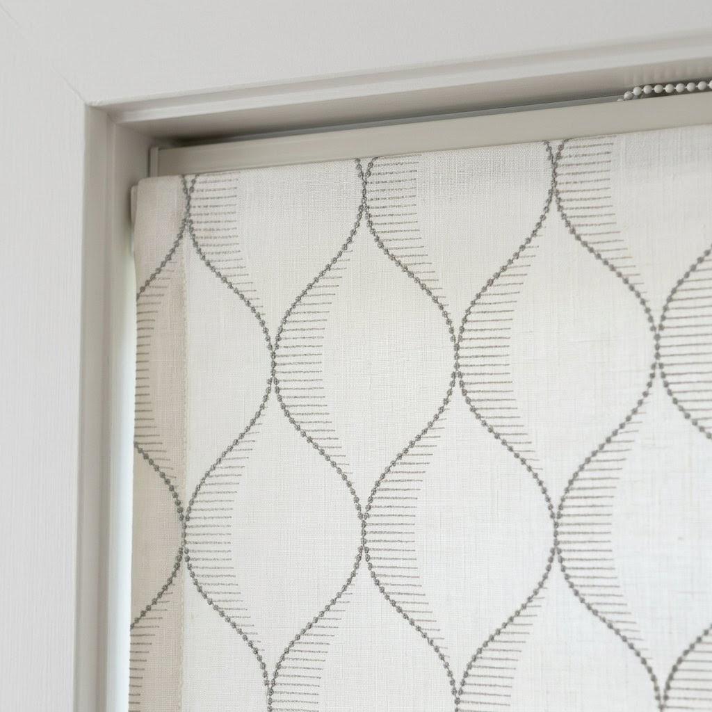 Embroidered Linen Roman Shade, Ogee Trellis Window Blind, Ivory Cement Grey Custom Mount — image 10