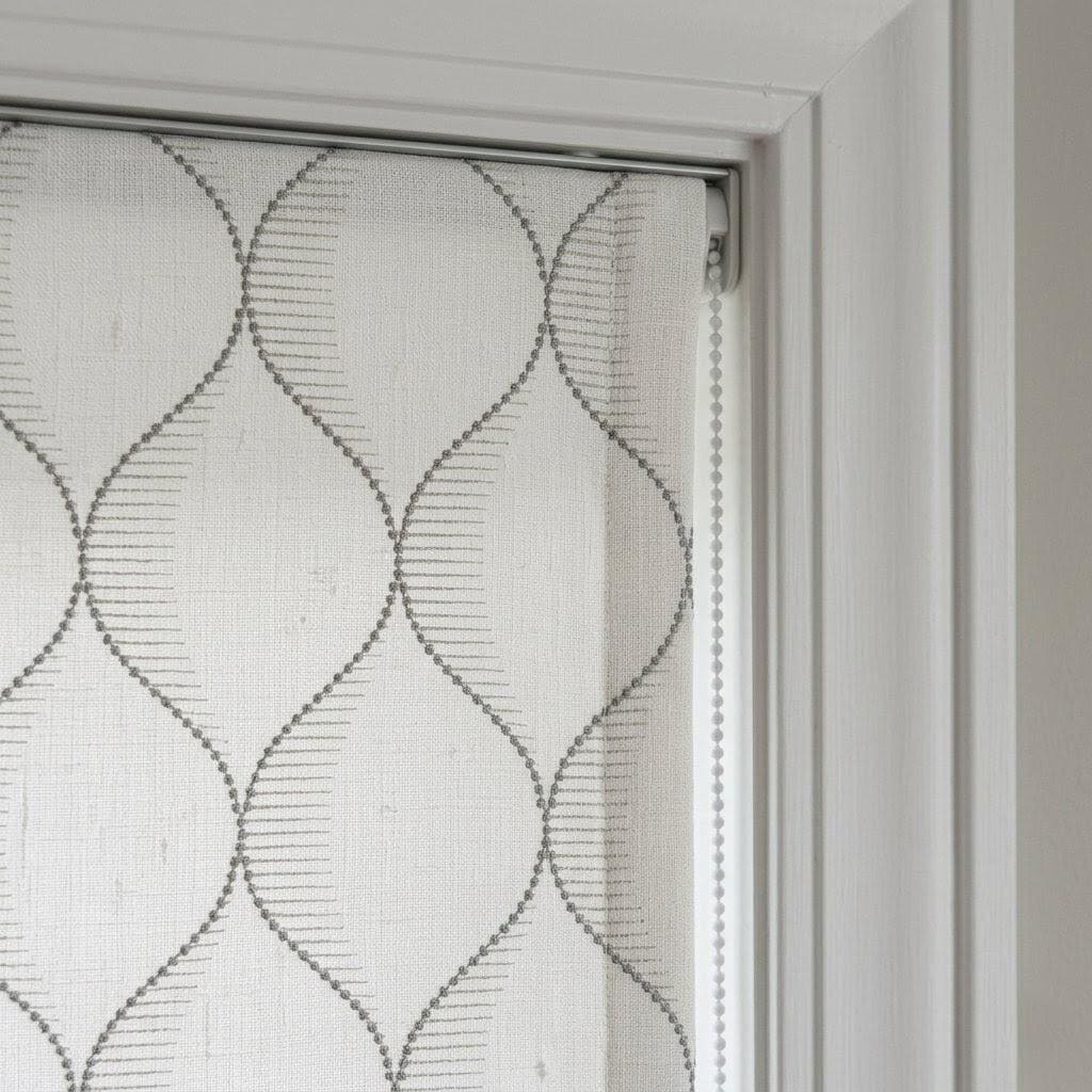 Embroidered Linen Roman Shade, Ogee Trellis Window Blind, Ivory Cement Grey Custom Mount — image 9