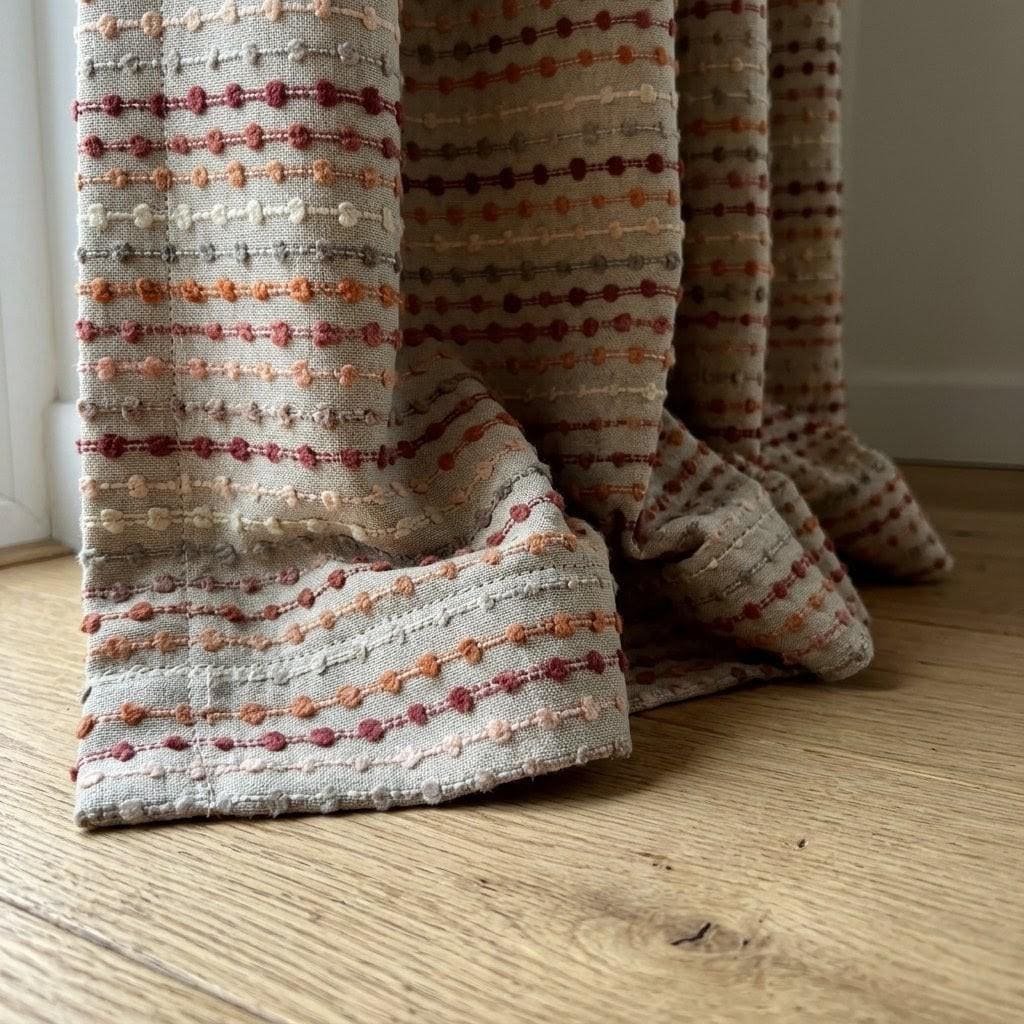 Neutral Greige Linen Embroidered Curtains, Blush Coral Dot Stripe Drapes, Custom Window Panels — image 3