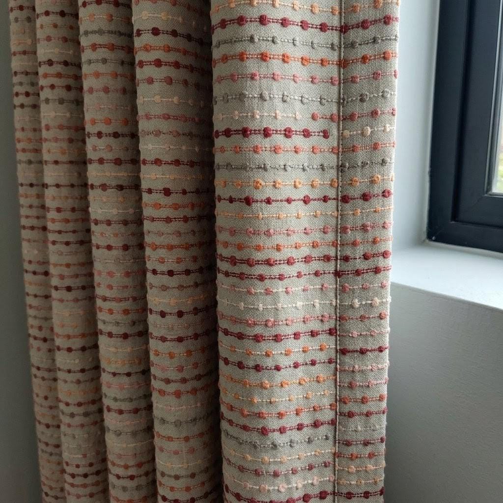 Neutral Greige Linen Embroidered Curtains, Blush Coral Dot Stripe Drapes, Custom Window Panels — image 1