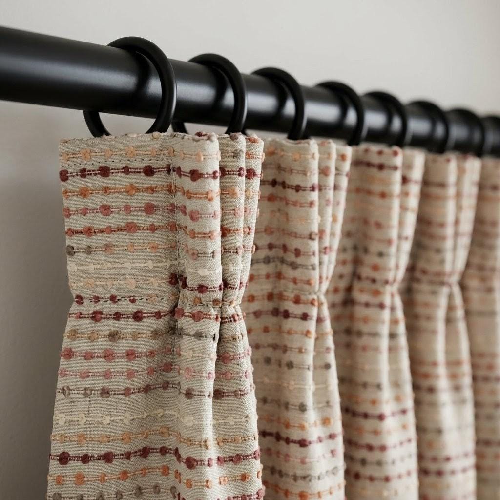 Neutral Greige Linen Embroidered Curtains, Blush Coral Dot Stripe Drapes, Custom Window Panels — image 10