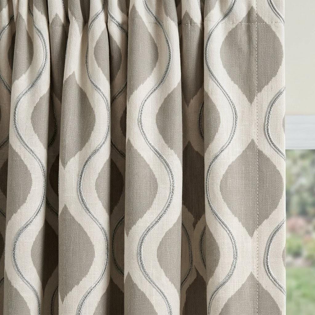 Taupe Grey Embroidered Ogee Linen Curtains, Custom Geometric Trellis Drapes (Blackout Lined) — image 4