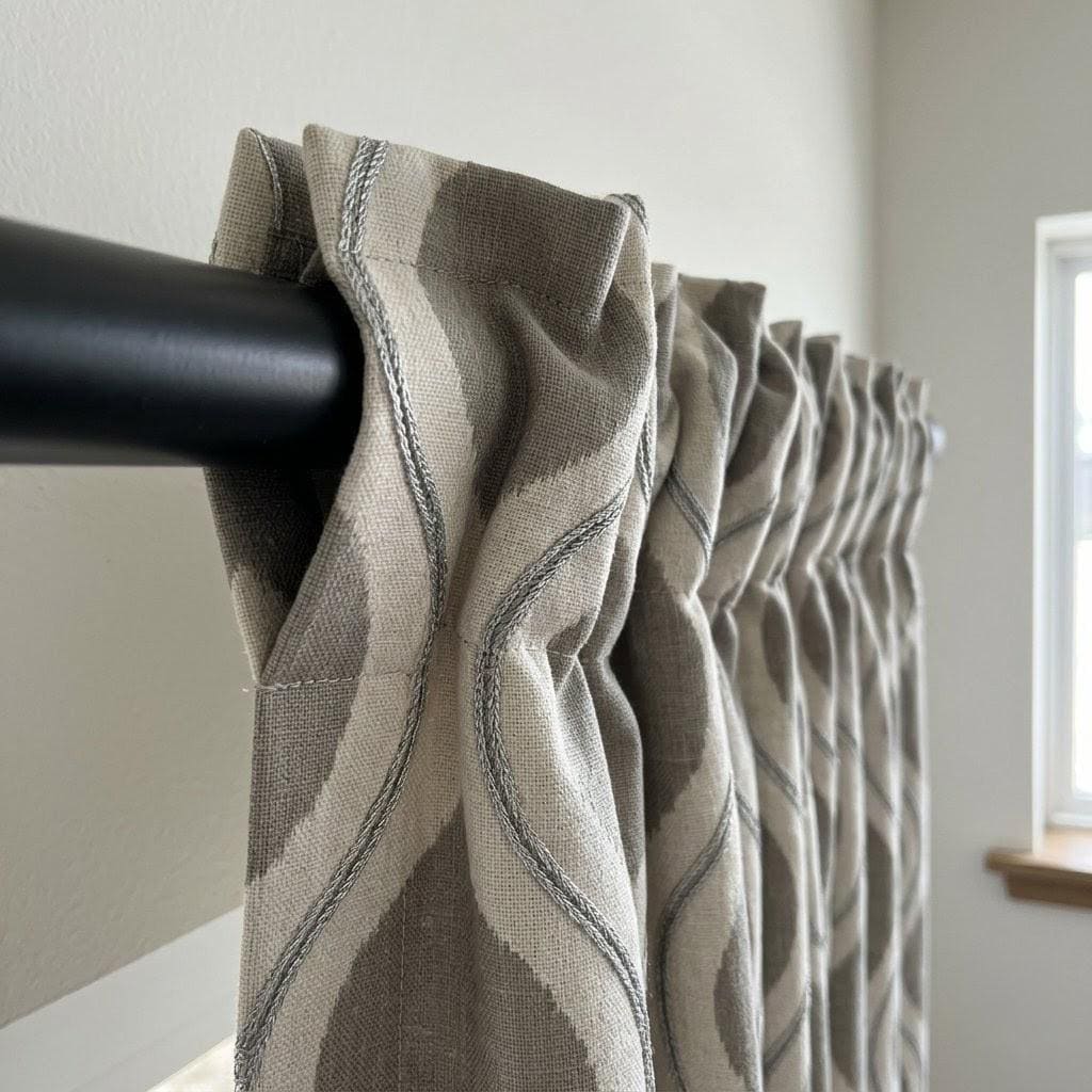 Taupe Grey Embroidered Ogee Linen Curtains, Custom Geometric Trellis Drapes (Blackout Lined) — image 9